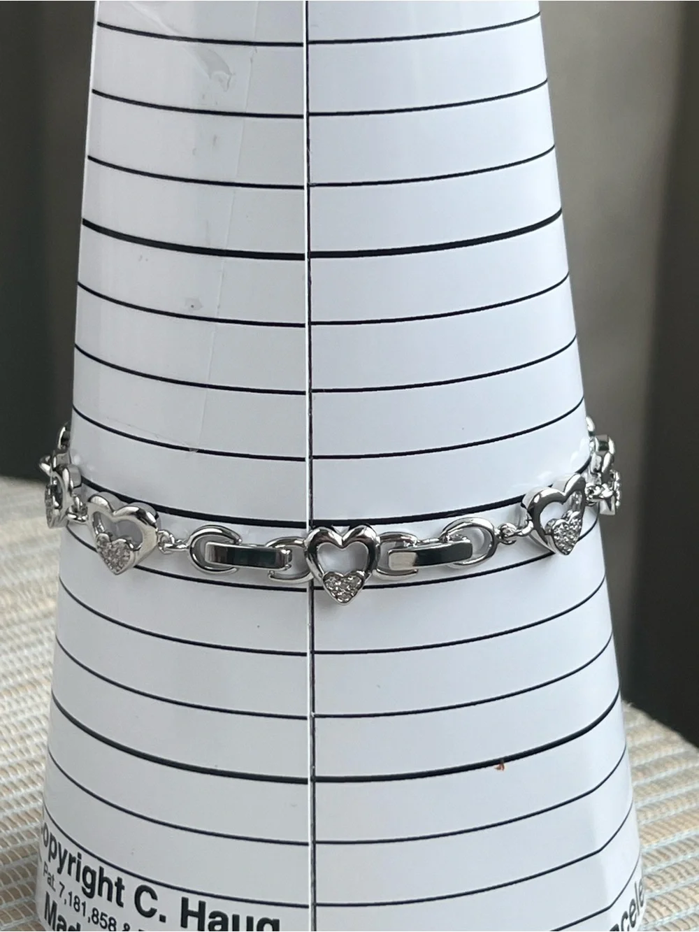 Double heart plain Silver with pavé center Heart Link Bracelet